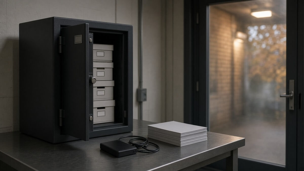 Open fireproof safe with archival boxes beside an external hard drive on a stainless lab bench — science-park off-tenant backup metaphor