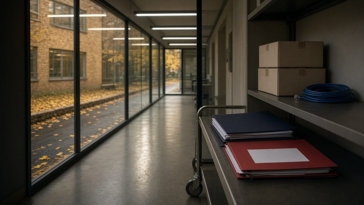Cambridge science-park corridor with autumn leaves outside, binders and a coiled network cable on a trolley.