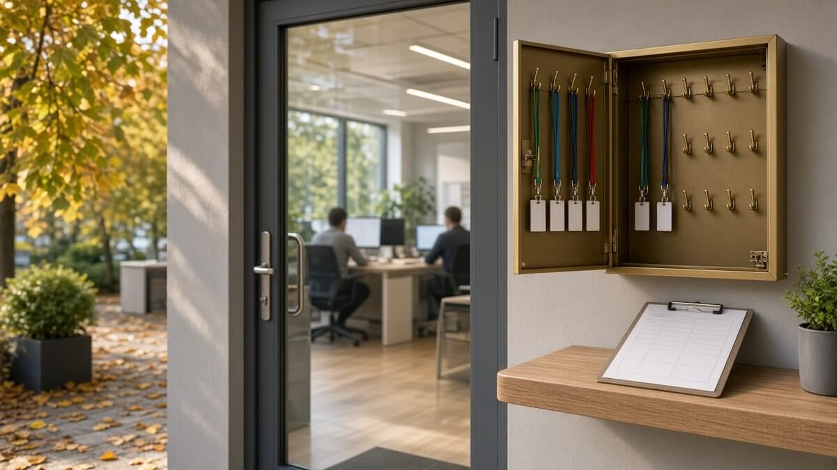 An open brass visitor key cabinet with a few lanyards, some hooks empty, beside the glass door of a small office