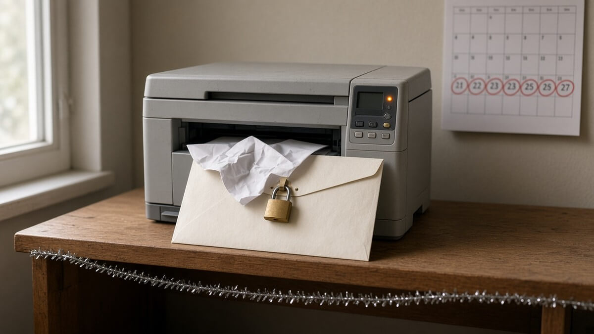 An office multifunction printer pushing a scanned page into a large sealed envelope fastened with a brass padlock, the paper crumpling and stuck, with a wall calendar circled in red behind it.