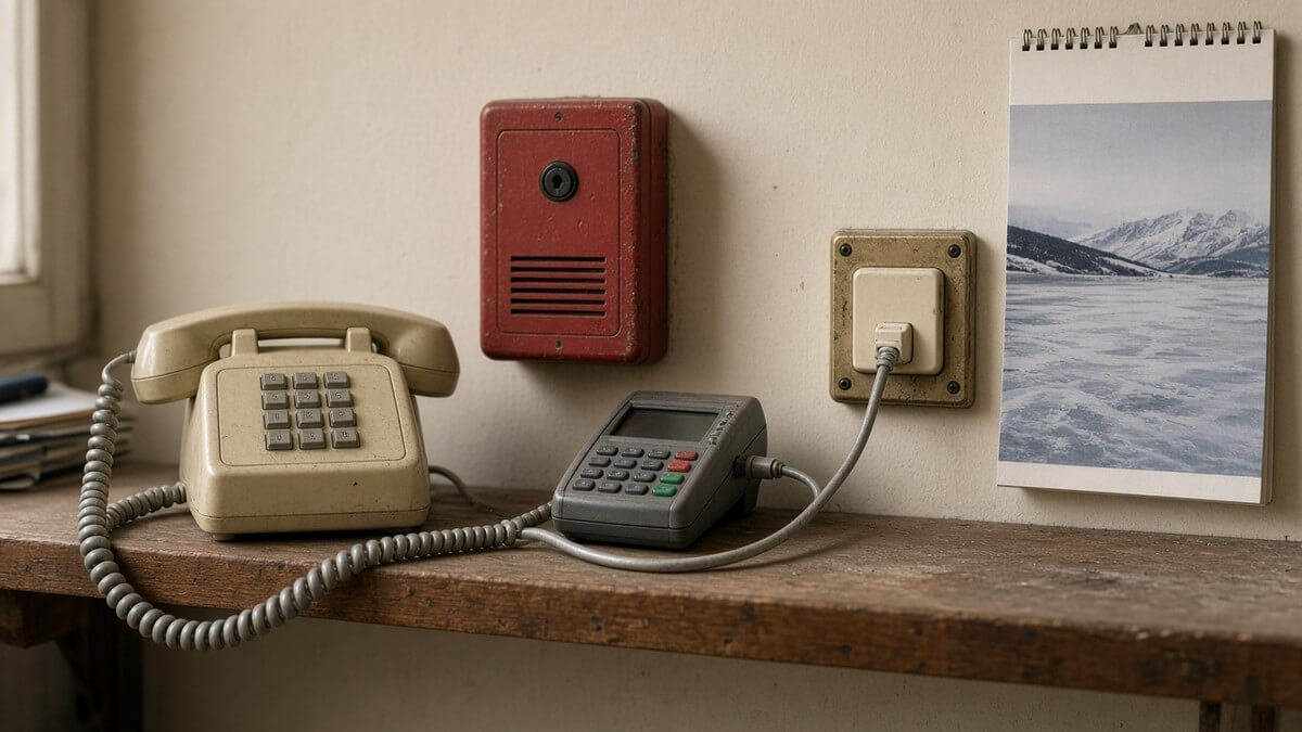 An old beige office telephone, a red alarm panel and a card payment terminal on a wooden shelf, wired to a wall phone socket beside a wintry calendar