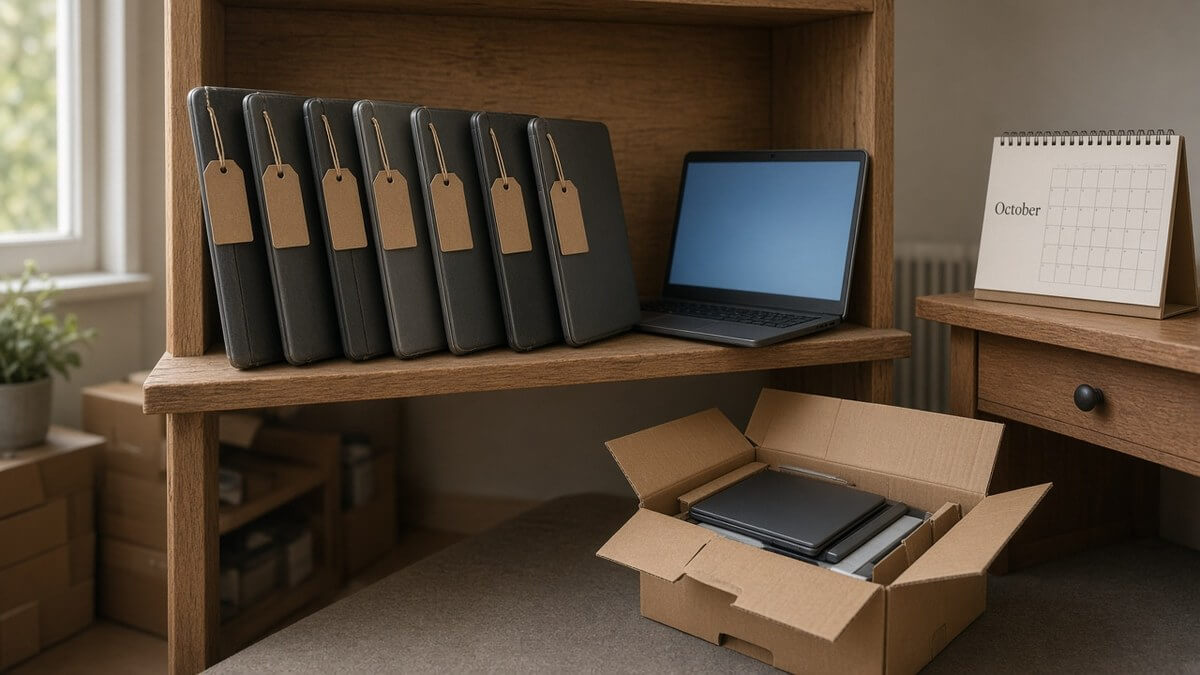A row of older laptops with blank luggage tags on an office shelf, beside an October desk calendar and a box of new laptops